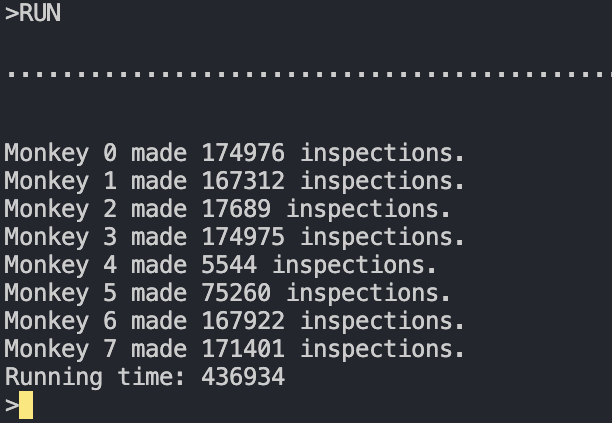 A terminal shows a BBC Micro prompt with RUN. Below is a row of dots. Below that are 8 entries - one for each money, indicating how many inspections each monkey made.