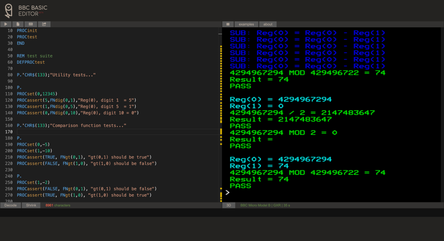 A BBC Micro screen - coloured text on a black background. It's showing a number of tests in progress that exercise a variety of big number arithmetic functions.