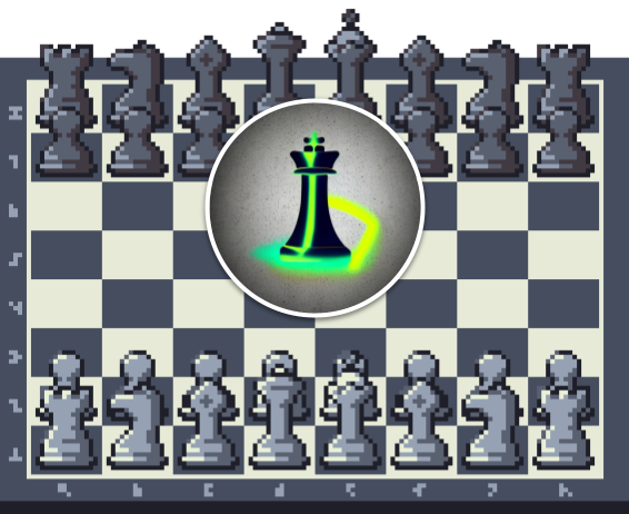A dinky, pixellated chess board, with the ICGames logo on it. The logo shows a black chess king with a bright green neon streak on a dark concrete-like background.