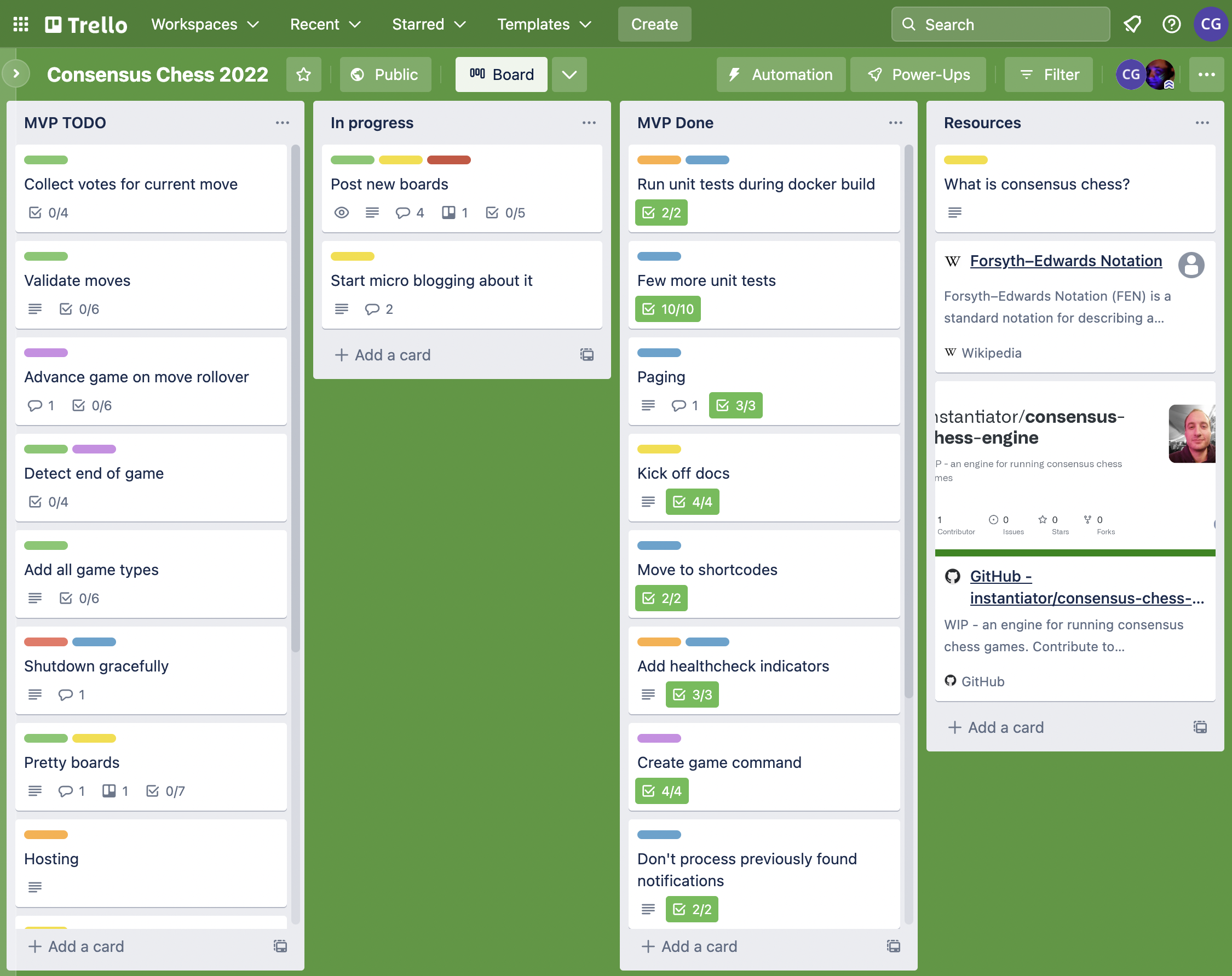 a snapshot of the Consensus Chess 2022 trello board from 2022-11-10