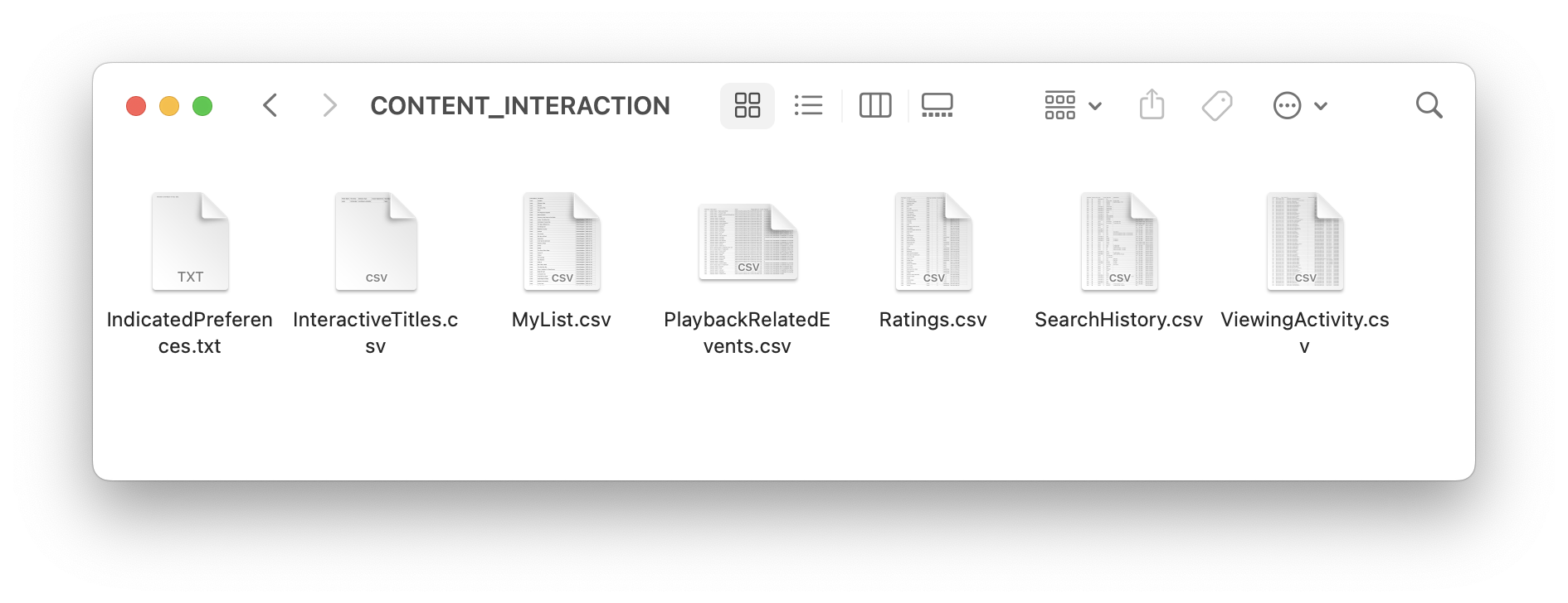 A Mac OS Finder window for a folder called content interaction. Inside it are a number of text files and csv files for various interactive playback events, including my viewing activity.