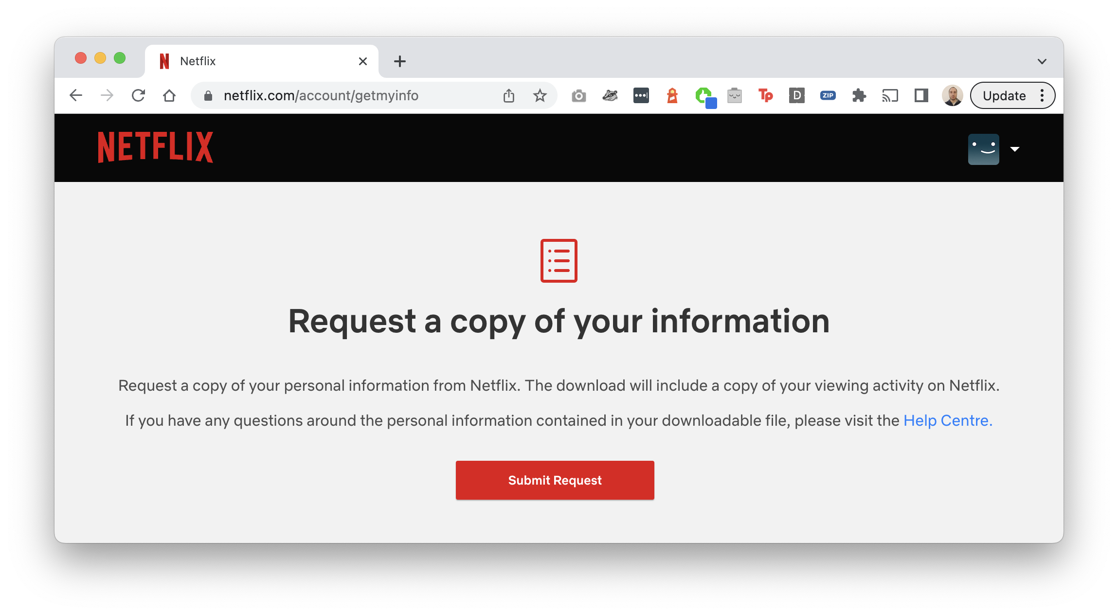 The request your information page in Netflix settings
