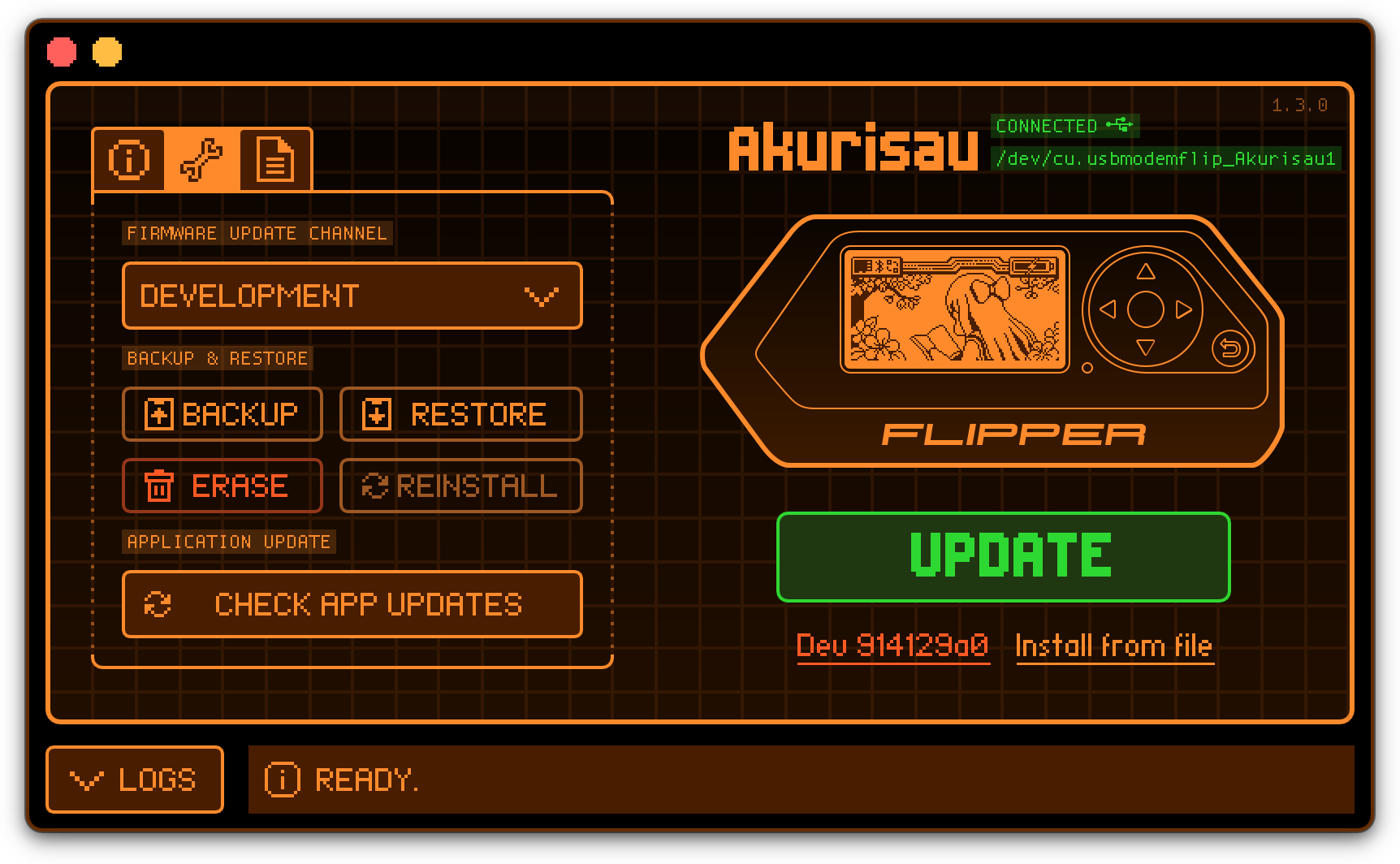 the qFlipper app showing the firmware view and the big green update button