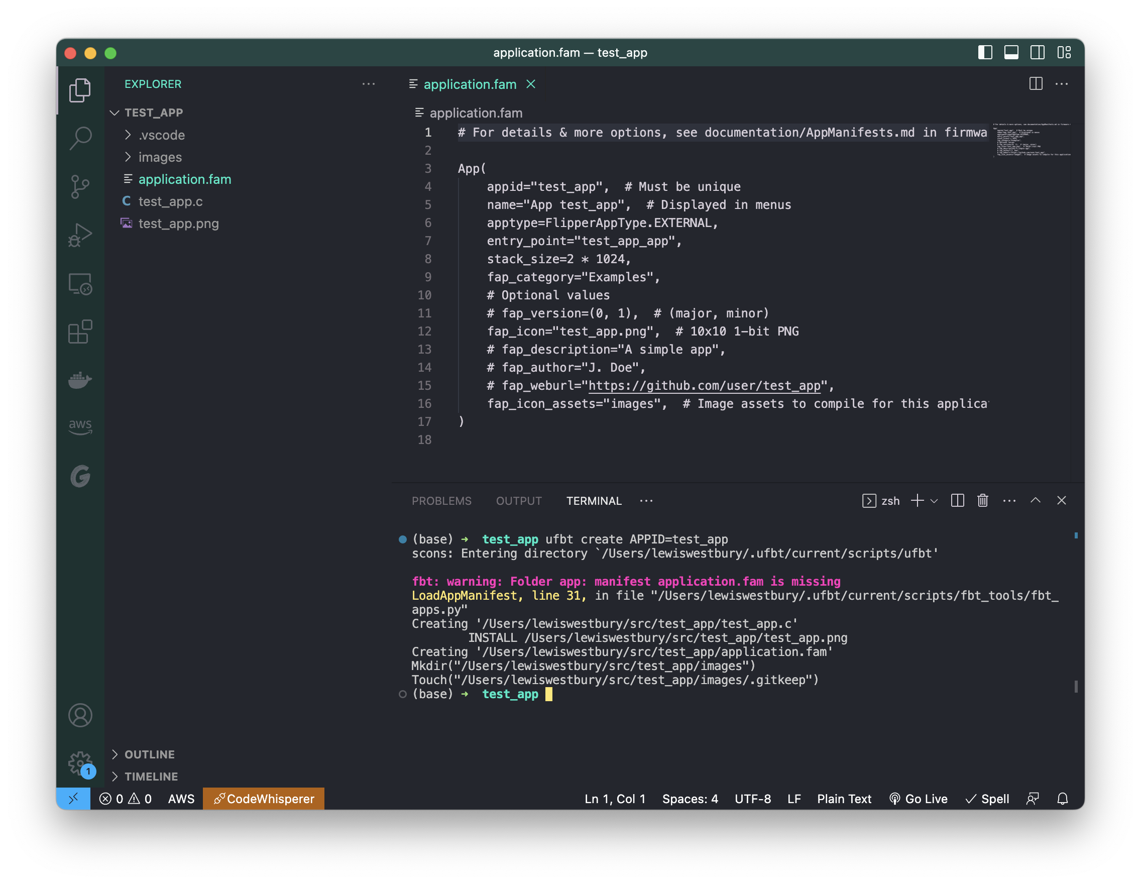 A screenshot of visual studio code showing a terminal with ufbt create, and the application manifest it has created