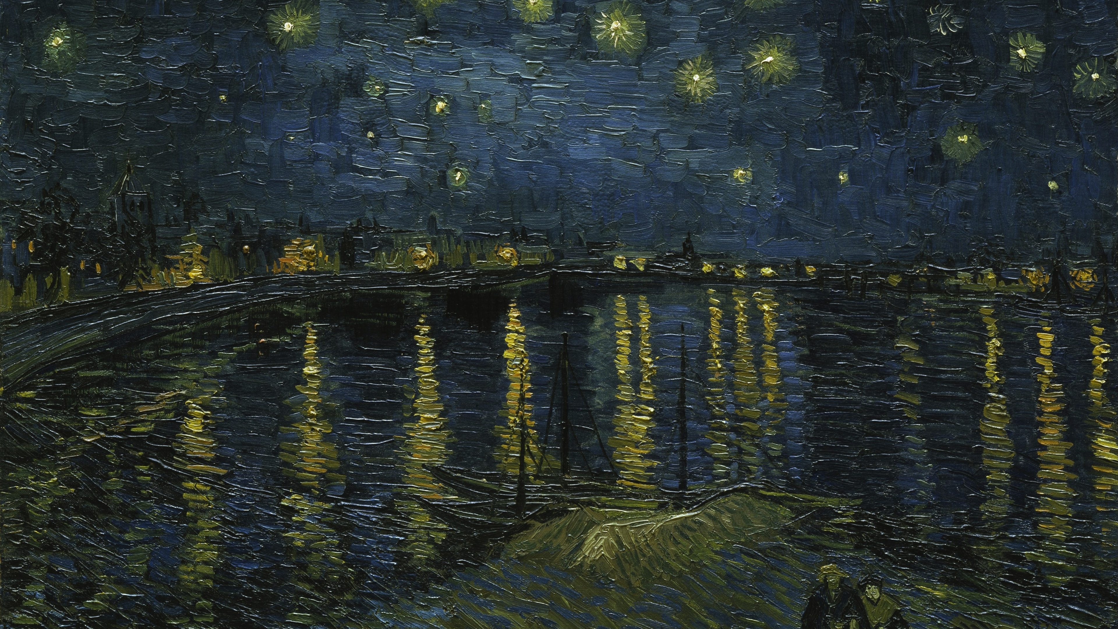 Vincent van Gogh's Starry Night Over the Rhône is also freely available! Yellow stars shine in a dark sky, over the water which reflects the rich blues of the sky and the lights from the boats and buildings by the surface. Starry Night Over the Rhône