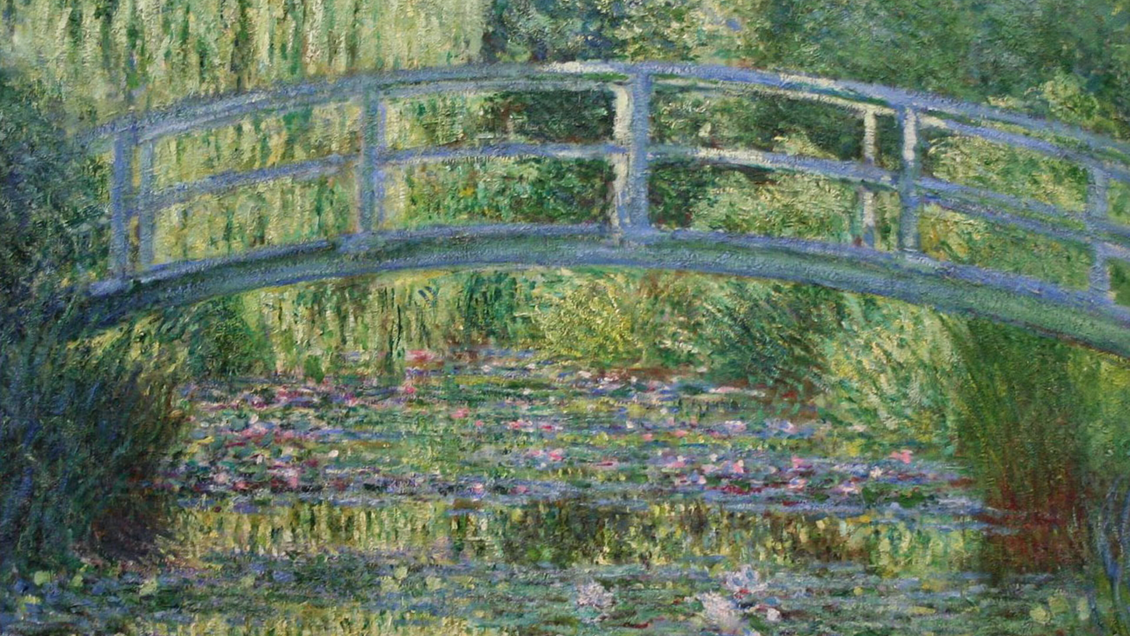 Claude Monet's Waterlillies and Japanese Bridge is free and you are allowed to just download it! It's an impressionist painting of a white wooden bridge, over a stretch of reflective water covered in water lillies with reeds at the side. Willow trees in the distance. It's brightly coloured in natural greens, and some pink flowers on the water lillies. Waterlillies and Japanese Bridge