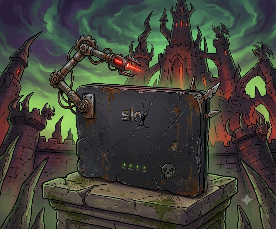 The Sky Hub SR203. It's a black box with 4 LEDs on the front, that can light up as green or red.