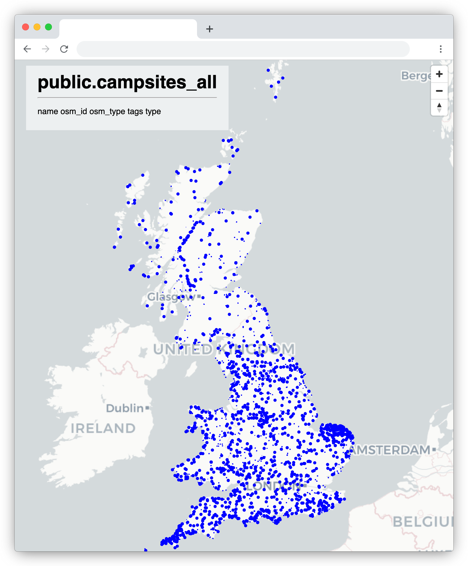 pg_tileserv web interface displaying a map with campsite data points