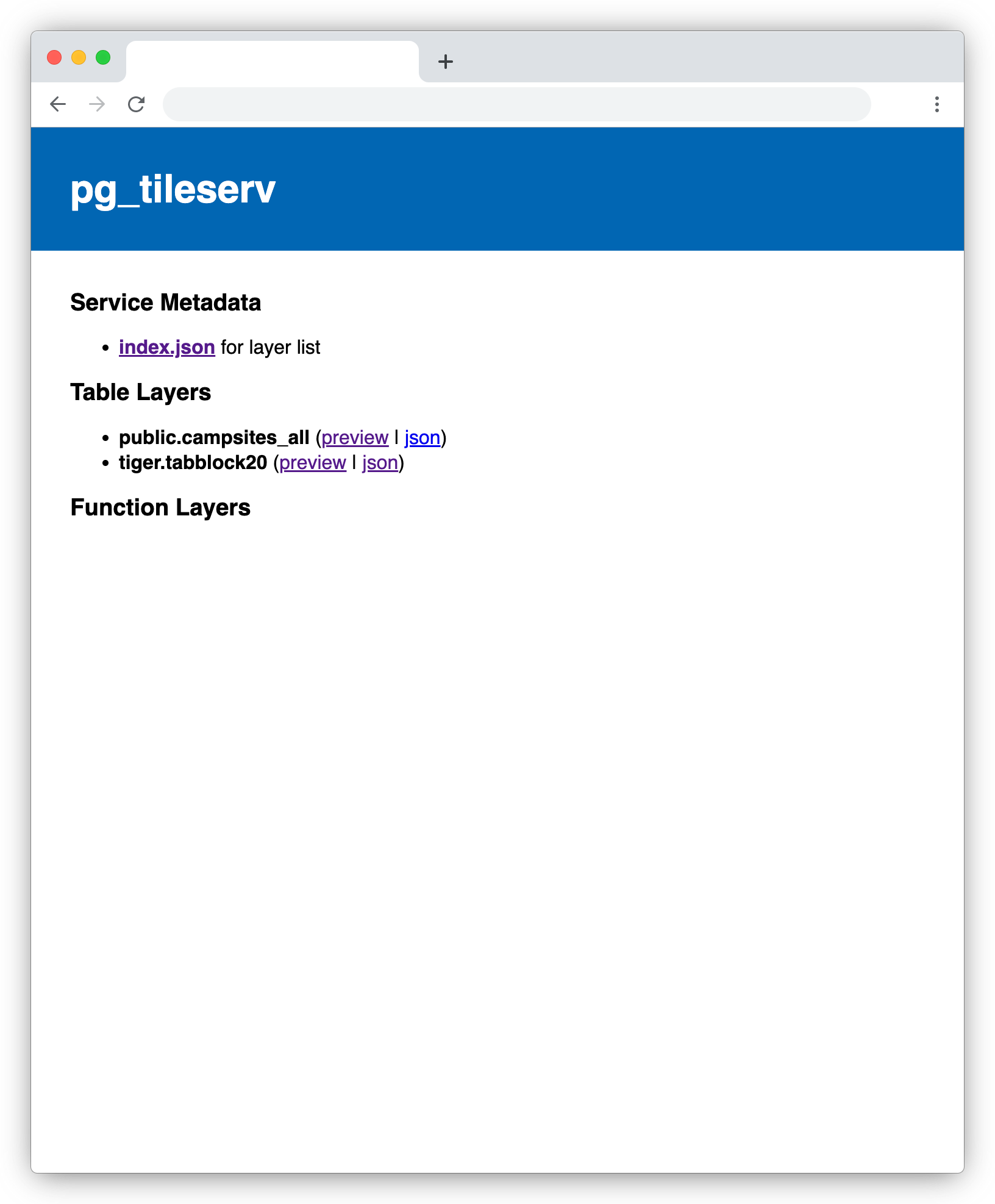 pg_tileserv web interface showing a table list including campsites_all